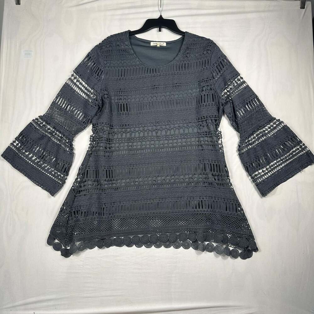 Indigo Soul Gray Crochet Lace Bell Sleeve Boho Tunic Dress Large